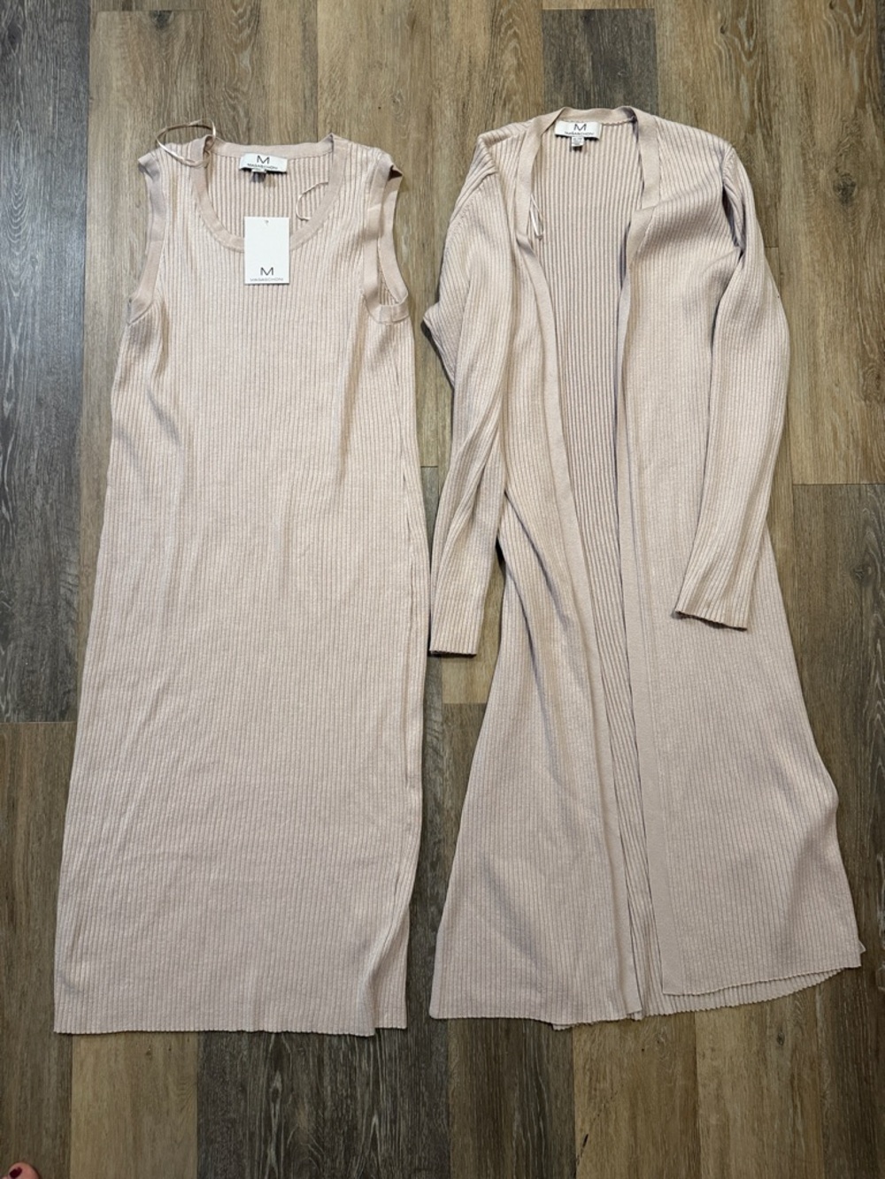 Magaschoni Blush Ribbed Maxi Dress with Long Open Front Cardigan